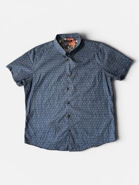 Lords of Harlech mens XL blue geo pattern short sleeve button up shirt EUC